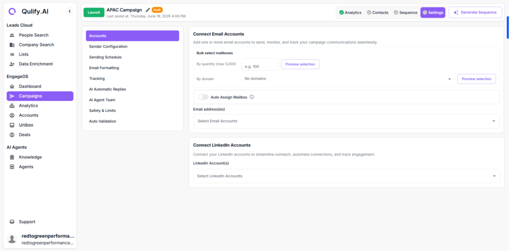 From sequence setup to launch, replies, and analytics campaign settings