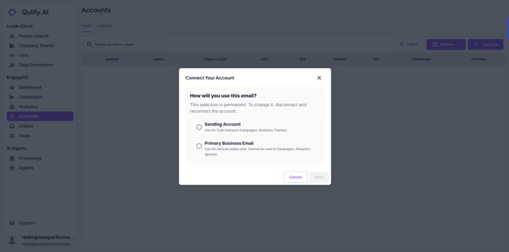 Email and LinkedIn accounts that power your outreach sending account choice